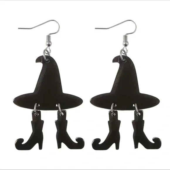 ‼️$7‼️Halloween Evil Witch's Hat Boots Design Black Dangle Earrings - Picture 3 of 7